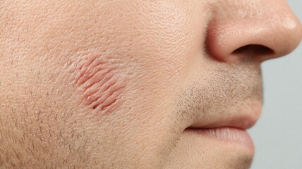 Obraz premium Closeup of a face with severe acne scars, showing deep pockmarks and texture irregularities acne scars, pockmarks, skin texture