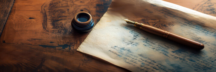 Celebrating world writer day: vintage ink pot and fountain pen on manuscript for literary inspiration and creativity. World writer day. Horizontal banner. Copy space. World Poetry Day. Literacy Day