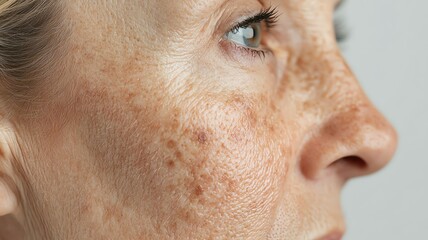 Closeup of a face with visible sun damage, showing freckles and fine lines across the cheeks   sun damage, freckles, aging skin