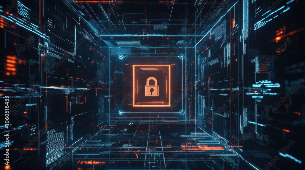 Poster A central lock icon appears on a computer screen, symbolizing security amidst a digital backdrop featuring network lines and circuits. Generative AI