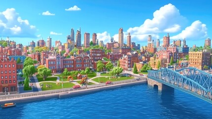 Fototapeta premium Vibrant 3D Cartoon Cityscape with Colorful Buildings