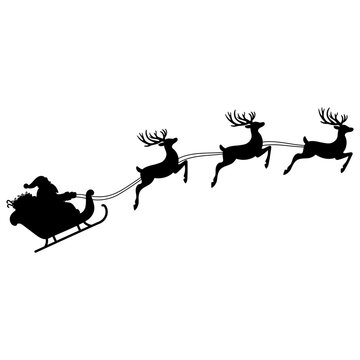 Santa Claus is on a sleigh being pulled by 3 reindeer silhouette illustration