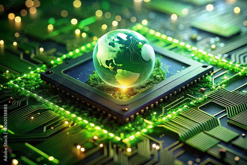 Poster detailed close-up of an intricate microprocessor featuring luminous circuitry, representing eco-frie