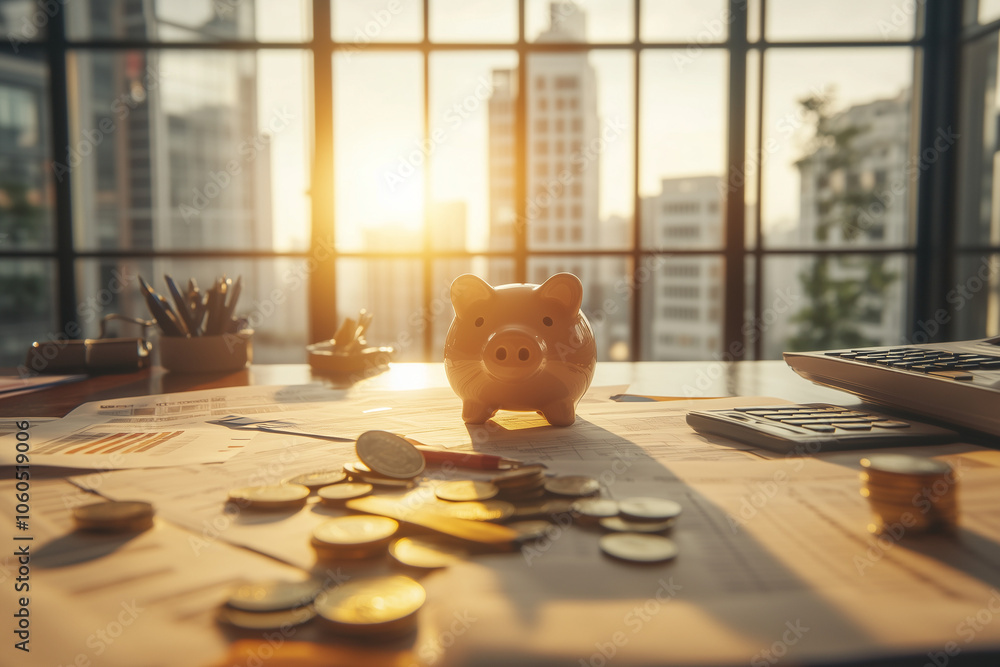 Poster retirement plan saving concept with a piggy bank and a calculator on a desk filled with financial do