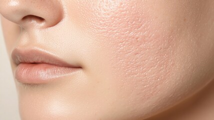Fototapeta premium Closeup of a person with uneven skin texture from years of acne scarring uneven texture, acne scars, skin problem