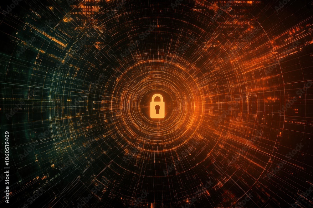 Poster A computer screen displays a central lock icon surrounded by dynamic, colorful data patterns, emphasizing cybersecurity measures. Generative AI
