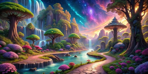 A Serene Path Through a Dreamlike Forest with Cascading Waterfalls, Majestic Trees, and a Sky Filled with Cosmic Wonders