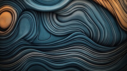 Abstract three-dimensional artwork with flowing, layered wave patterns in blue and orange shades, creating a dynamic and textured effect.