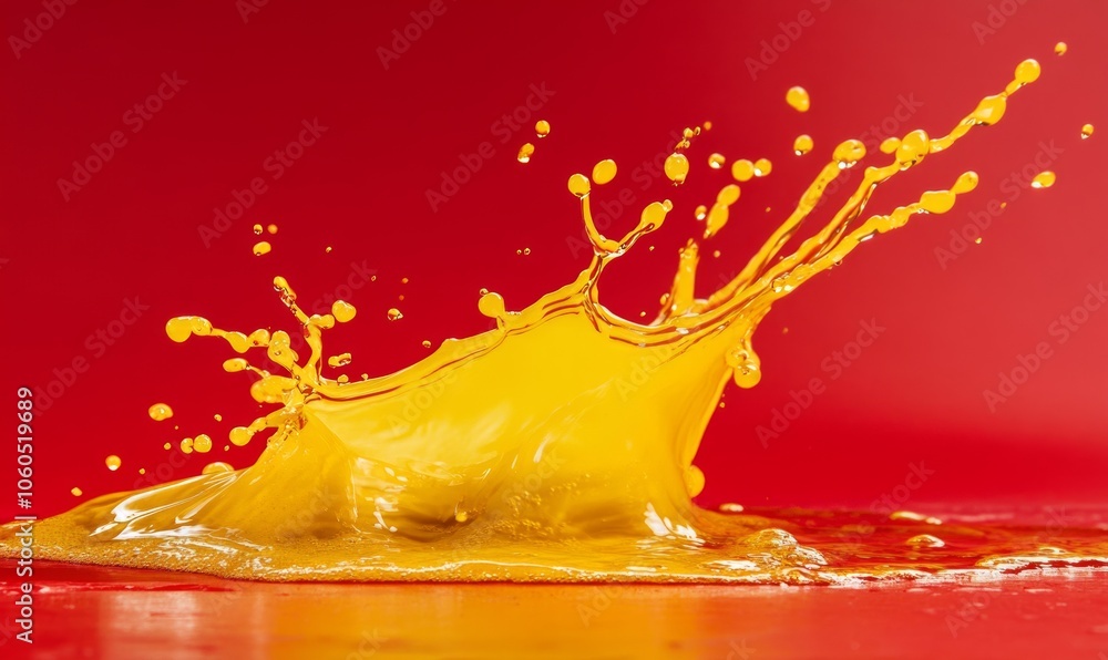Poster vibrant splash of yellow liquid on a bold red background creating dynamic visual energy and striking