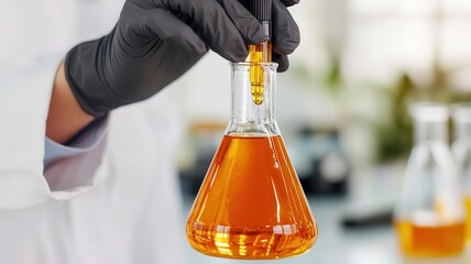 Closeup of crude oil samples being tested in a lab, with scientists analyzing its quality   oil sample testing, laboratory, quality control