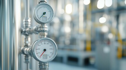 Closeup of valves and gauges in a refinery s pressure control system, regulating oil flow   pressure control, refinery technology, industrial process