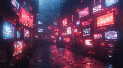 Obraz premium a dynamic media concept featuring multiple television screens displaying various tv channels bathed in glowing neon lights creating a vibrant and energetic atmosphere