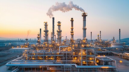 Fototapeta premium Drone view of a sprawling oil refinery, with smoke stacks and pipelines weaving through the complex drone view, oil refinery, industrial landscape