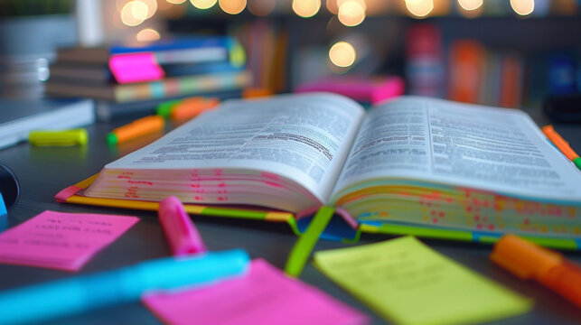 open textbook on desk surrounded by colorful sticky notes and highlighters creates vibrant study atmosphere. blurred background adds cozy feel to learning environment