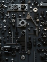 Top View of Black Metal Mechanical Parts Arranged in Knolling Layout on Dark Background