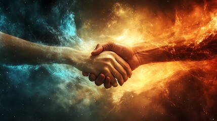 A handshake between two hands in front of a bright background