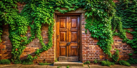 A rustic wooden door nestled within a brick wall, adorned with a vibrant tapestry of verdant vines.