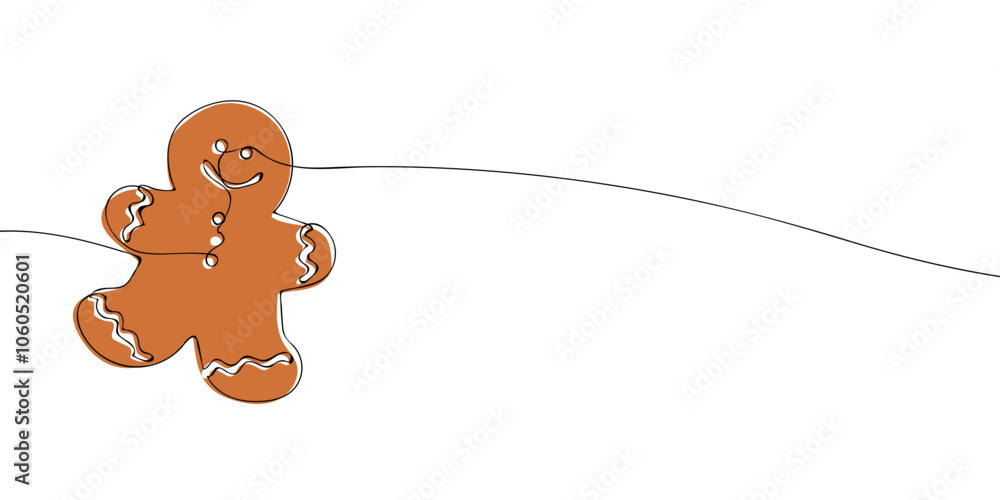 Poster a single line drawing of a gingerbread cookies in the shape of a man. continuous line christmas icon