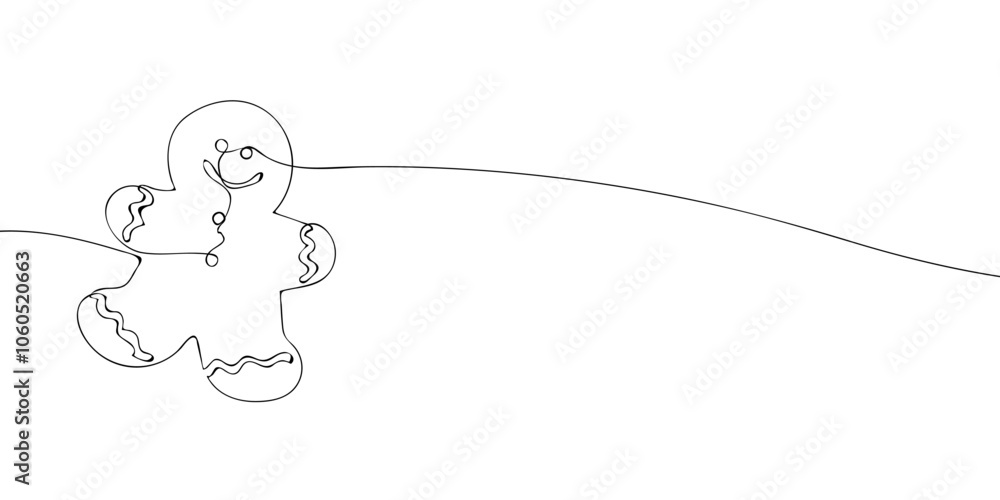 Poster a single line drawing of a gingerbread cookies in the shape of a man. continuous line christmas cook