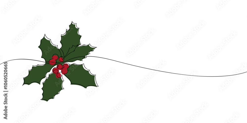 Poster a single line drawing of a common holly. continuous line christmas icon in color. one line icon. vec