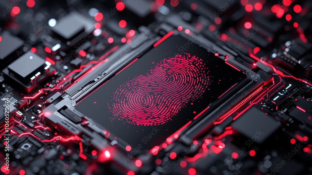 Aufkleber futuristic digital fingerprint on circuit board with red neon lights representing cybersecurity and 