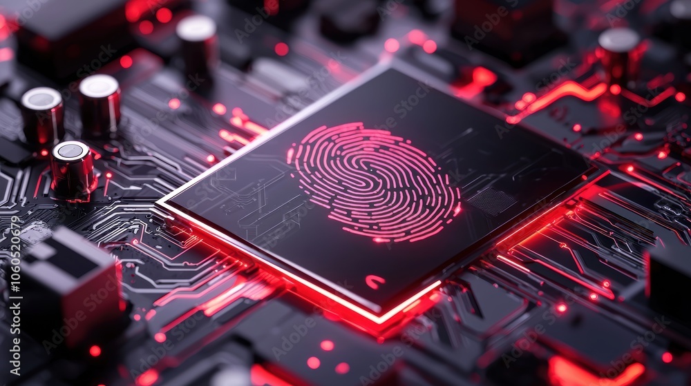 Poster futuristic circuit board with glowing fingerprint sensor highlighting advanced technology and cybers
