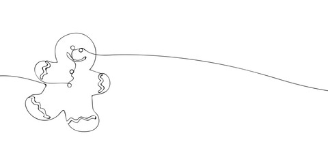 A single line drawing of a gingerbread cookies in the shape of a man. Continuous line christmas cookies icon. One line icon. Vector illustration.