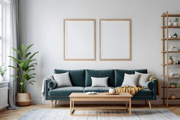 Fototapeta premium Modern Scandinavian living room with empty mock-up frame, sofa, table, and wooden shelf.