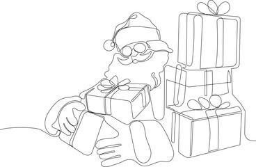 Outlined Cute Santa Claus Cartoon Character With A Sack Full Of Gifts. Vector Hand Drawn Illustration. One continuous line drawing Santa Claus on reindeer and sled. concept for Christmas and New Year