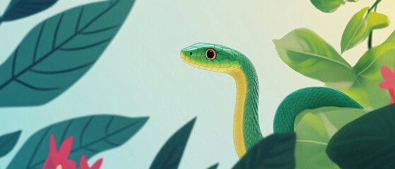 Obraz premium Green Snake in Lush Tropical Foliage A Vibrant Nature Illustration, Green Snake in Lush Tropical Foliage A Vibrant Nature Illustrat