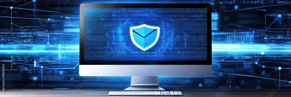 Poster the computer screen shows a prominent protection icon, symbolizing active cybersecurity and digital 