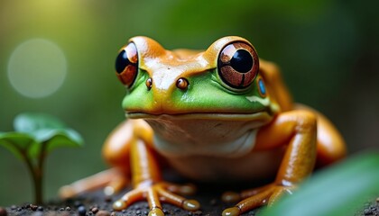 Naklejka premium Colorful frog with big eyes sitting on leaf in vibrant green environment, close-up, nature concept, copy space