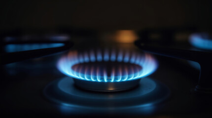 Blue flames on a gas stove burner in the dark