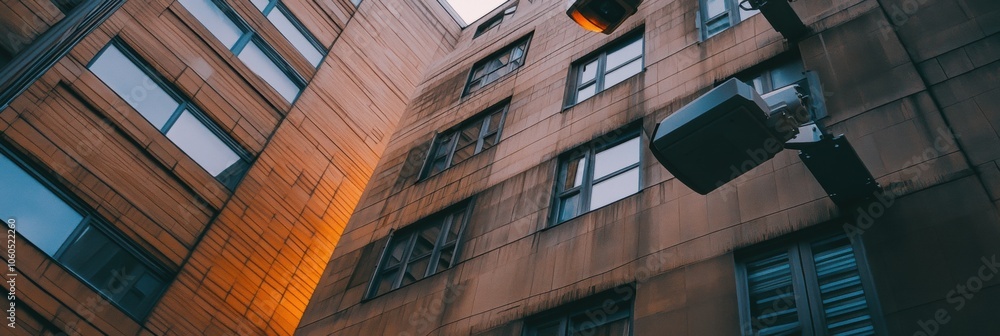 Poster surveillance cameras are positioned prominently, monitoring an office building as twilight envelops 