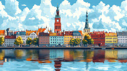 Fototapeta premium Riga, Latvia, Pop Art style theme print. Cityscape, city skyline.Vibrant, bright, modern, trendy, graphic designed for poster, card, wallpaper