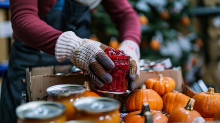 Naklejka premium Volunteer carefully placing cranberry sauce in a box at a food bank during the holiday season, embodying charity and support