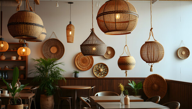 Cafe Interior decorated with hanging African binga baskets isolated with white highlights, png