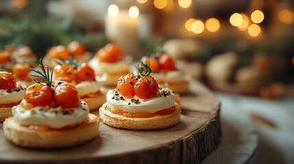 Festive Canap&eacute;s Topped with Cream Cheese and Cherry Tomatoes 