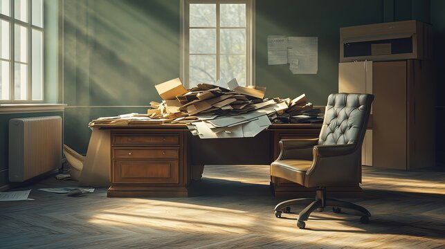 Office clutter from moving boxes and scattered documents reflects messy office transition, showing real office clutter and moving chaos in abandoned office with visible office clutter.	