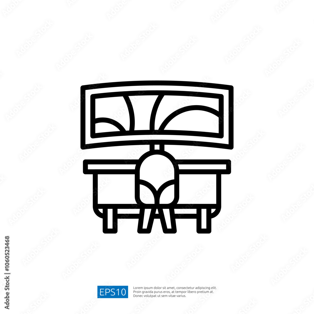 Poster a minimalist illustration of a desk with a chair and a large computer monitor, representing a worksp