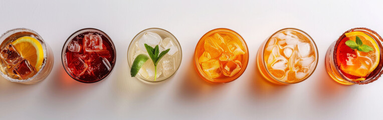 Refreshing cocktails arranged in top down view, showcasing variety of colors and garnishes. Each glass features unique ingredients, creating vibrant display perfect for summer gatherings