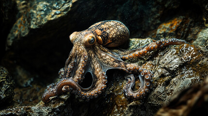 Obraz premium Close-up of a fascinating octopus resting on rocky terrain, showcasing its intricate patterns, tentacles, and adaptability in the marine environment