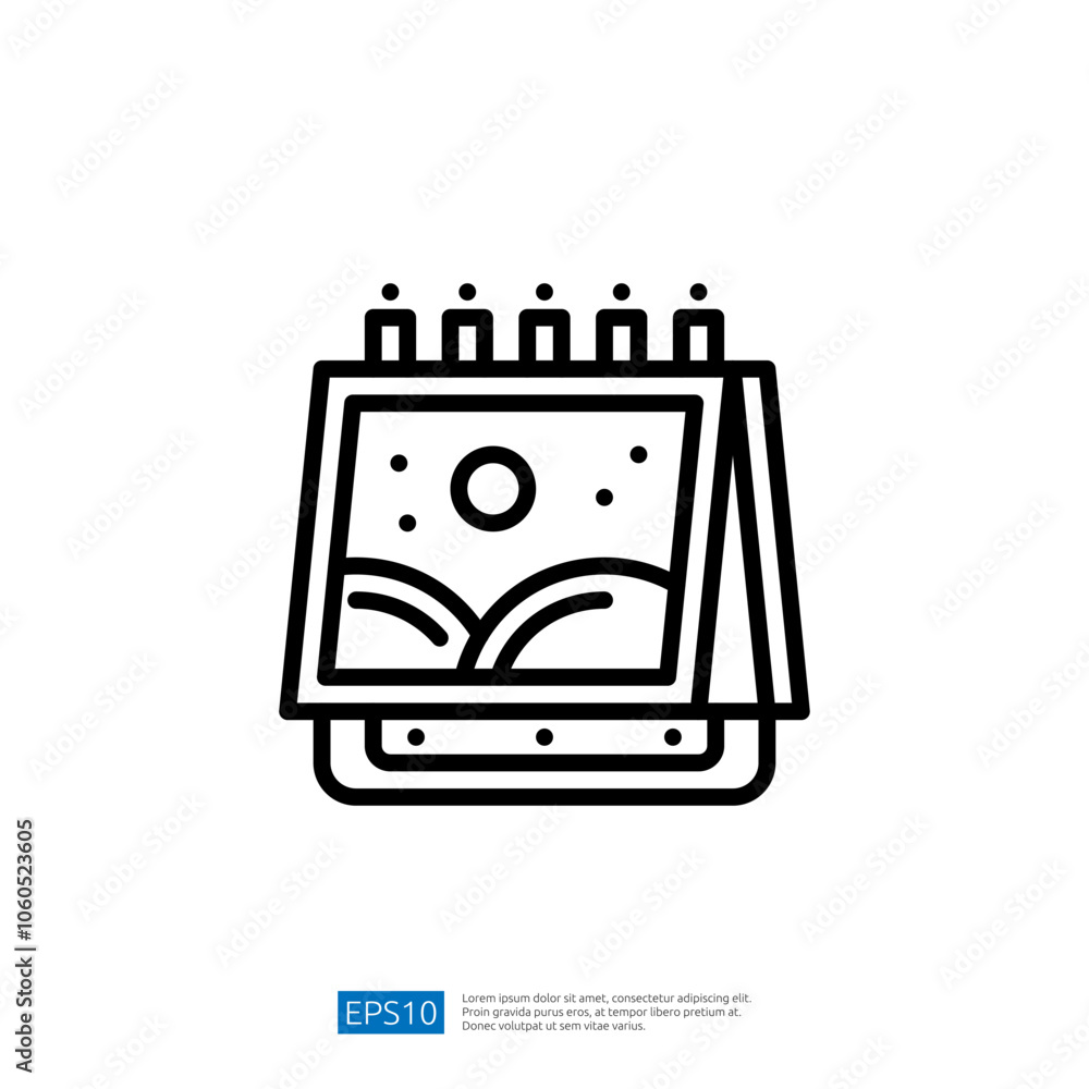 Poster this image features a simple line drawing of a desk calendar displaying a scenic landscape, symboliz