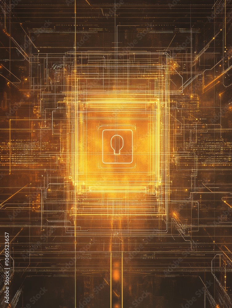Poster A central lock icon illuminates a computer screen, representing data protection in a futuristic digital workspace. Generative AI