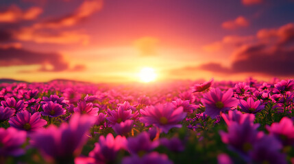 Obraz premium Vibrant sunset over a field of blooming pink flowers.