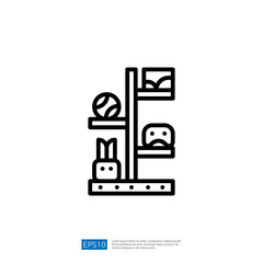 A simple line drawing of a shelf featuring a volleyball, a sad face, a rabbit, and a happy face, suggesting a playful or whimsical theme.