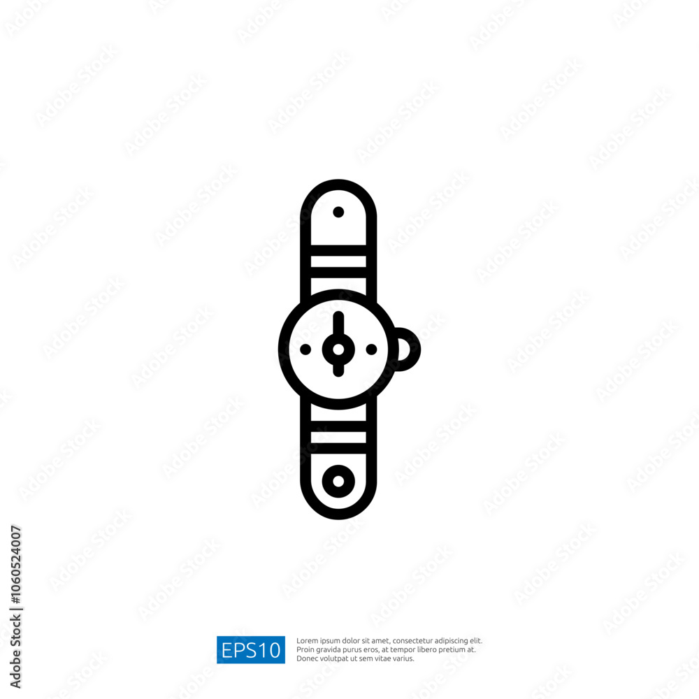 Poster a simple line drawing of a wristwatch, featuring a round face and a strap, representing timekeeping 