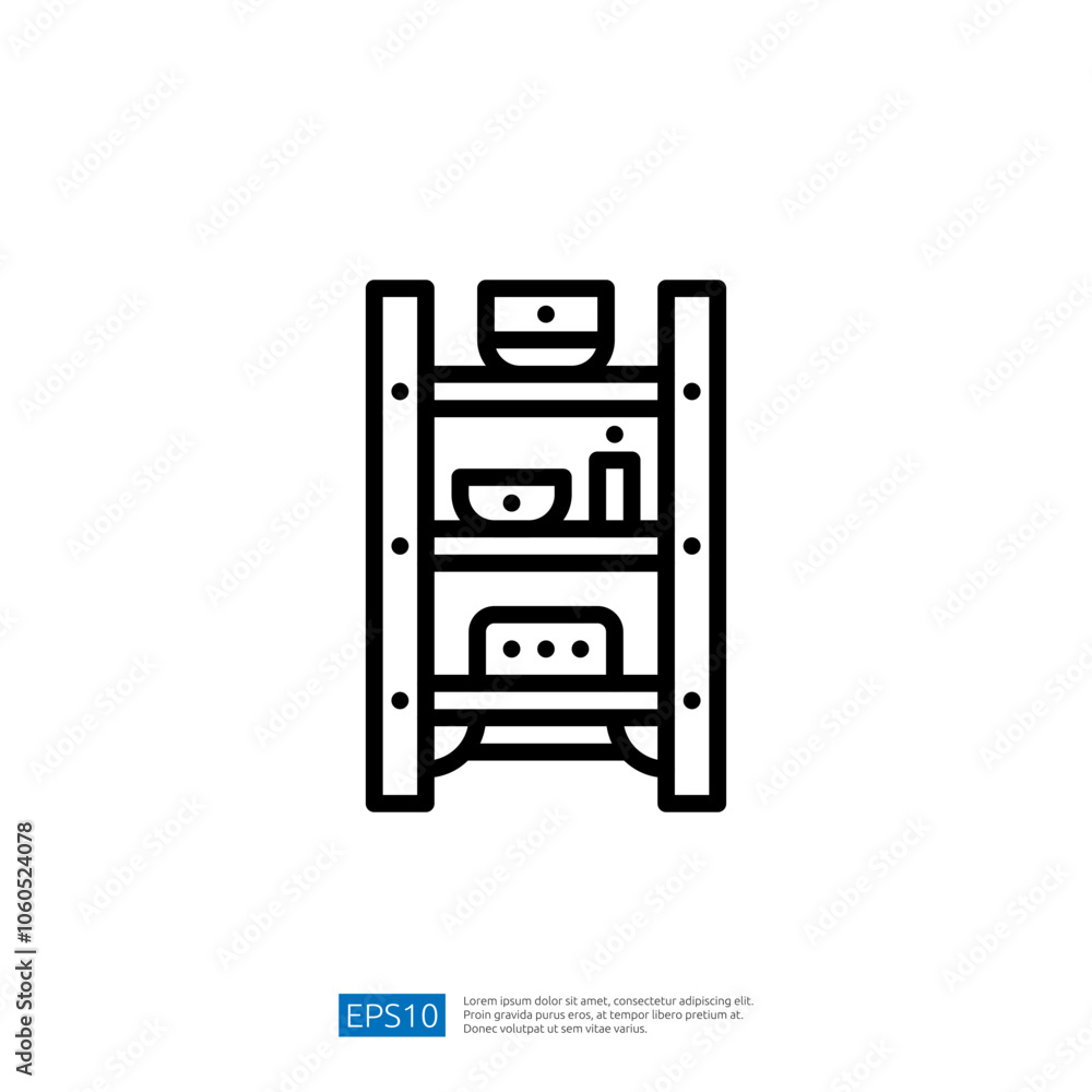 Poster a simple line drawing of a shelf with bowls and a bottle, representing storage or organization in a 