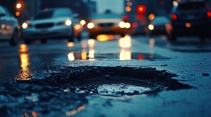 A car passing by a deep pothole filled with rainwater on an urban street during early evening in a bustling cityscape