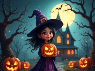 A Young Witch in a Purple Hat Holds a Carved Pumpkin in Front of a Spooky House on Halloween Night